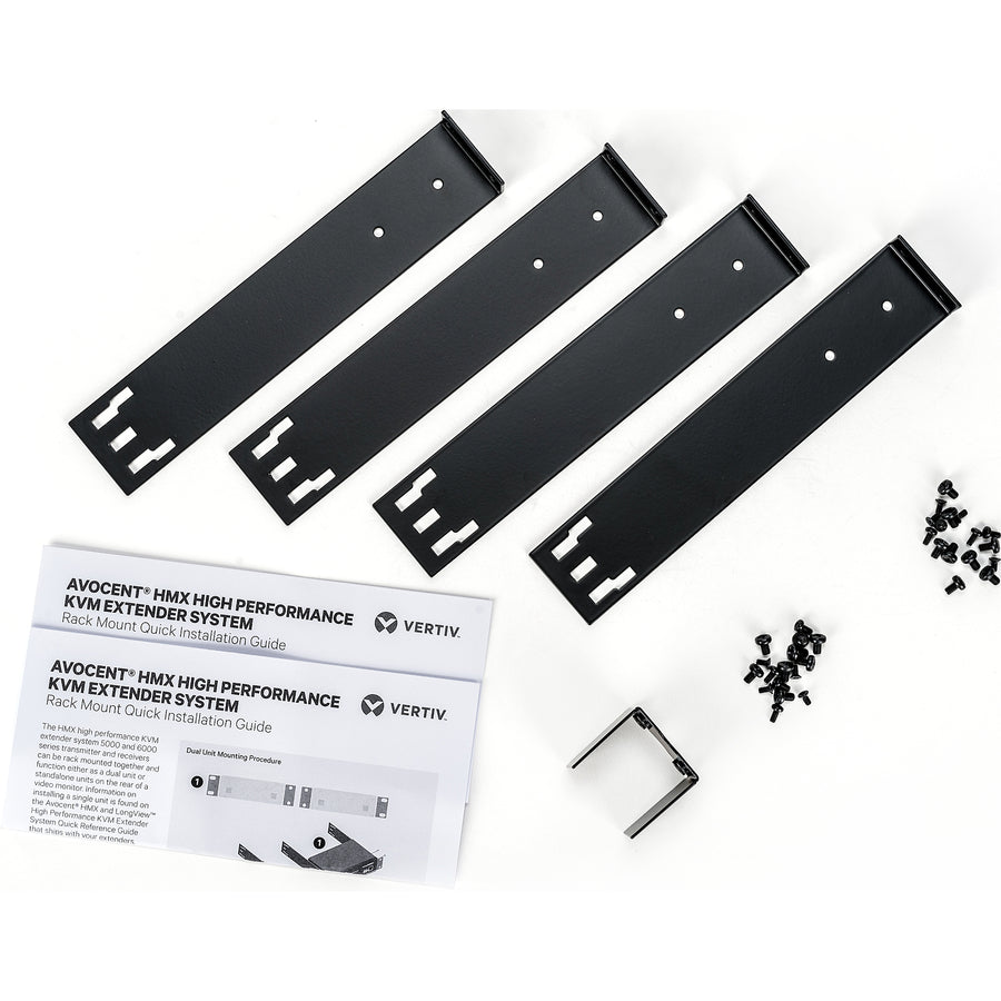 Vertiv Rackmount kit for two Vertiv Avocent HMX 5000/6000 High Performance KVM Systems contains metal brackets and screws. RMK-97