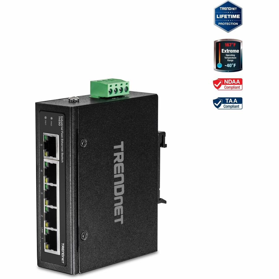 TRENDnet 5-Port Industrial Unmanaged Fast Ethernet DIN-Rail Switch, 5 x Fast Ethernet Ports, IP30, Operating Temperature Range of (- 40 - 75 °C (- 40 - 167 °F), Lifetime Protection, Black, TI-E50 TI-E50