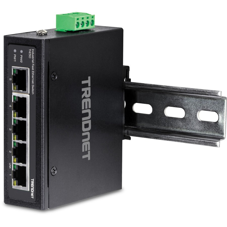 TRENDnet 5-Port Industrial Unmanaged Fast Ethernet DIN-Rail Switch, 5 x Fast Ethernet Ports, IP30, Operating Temperature Range of (- 40 - 75 °C (- 40 - 167 °F), Lifetime Protection, Black, TI-E50 TI-E50