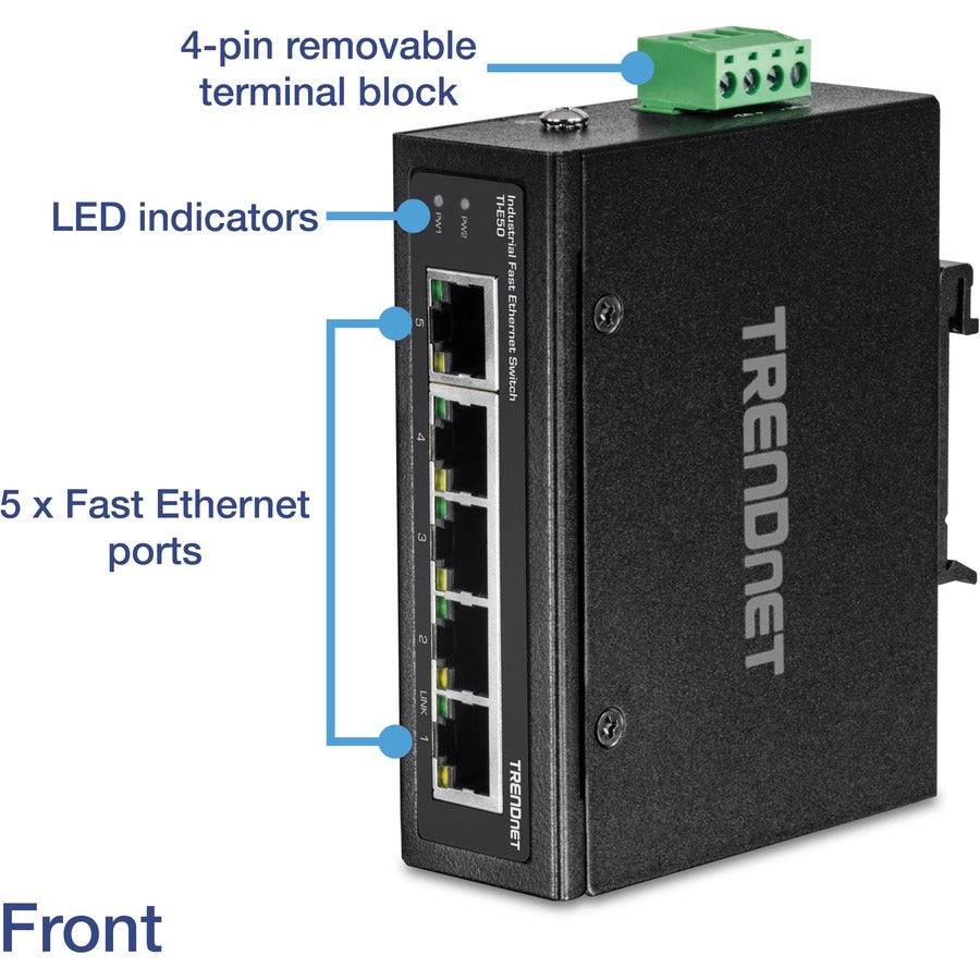 TRENDnet 5-Port Industrial Unmanaged Fast Ethernet DIN-Rail Switch, 5 x Fast Ethernet Ports, IP30, Operating Temperature Range of (- 40 - 75 °C (- 40 - 167 °F), Lifetime Protection, Black, TI-E50 TI-E50