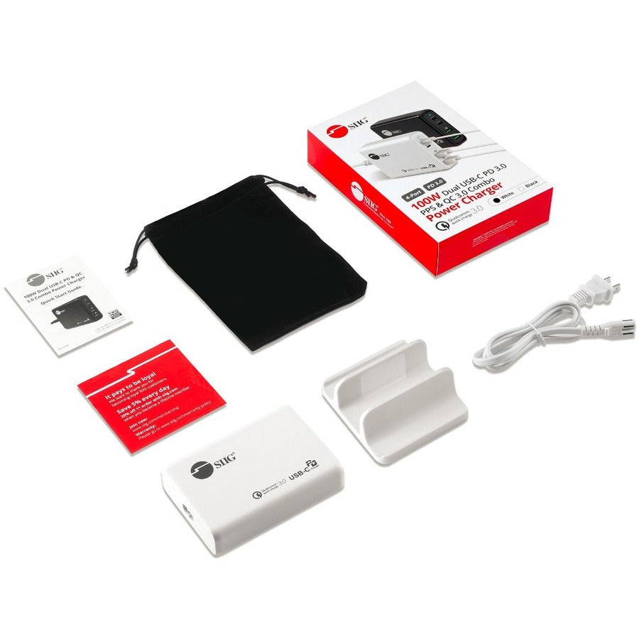 SIIG 100W Dual USB-C PD 3.0 PPS & QC 3.0 Combo Power Charger - White AC-PW1P11-S1