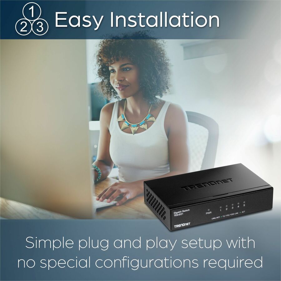 TRENDnet 5-Port Gigabit Desktop Switch, TEG-S51, 5 x Gigabit RJ-45 Ports, Ethernet Splitter, 10Gbps Switching Capacity, Fanless Design, Metal Enclosure, Lifetime Protection, Black TEG-S51