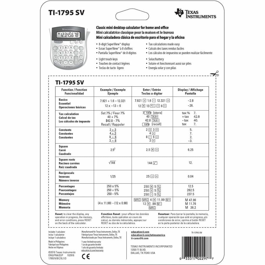 Texas Instruments TI-1795 SV Simple Calculator 1795SV/TBL/3L1