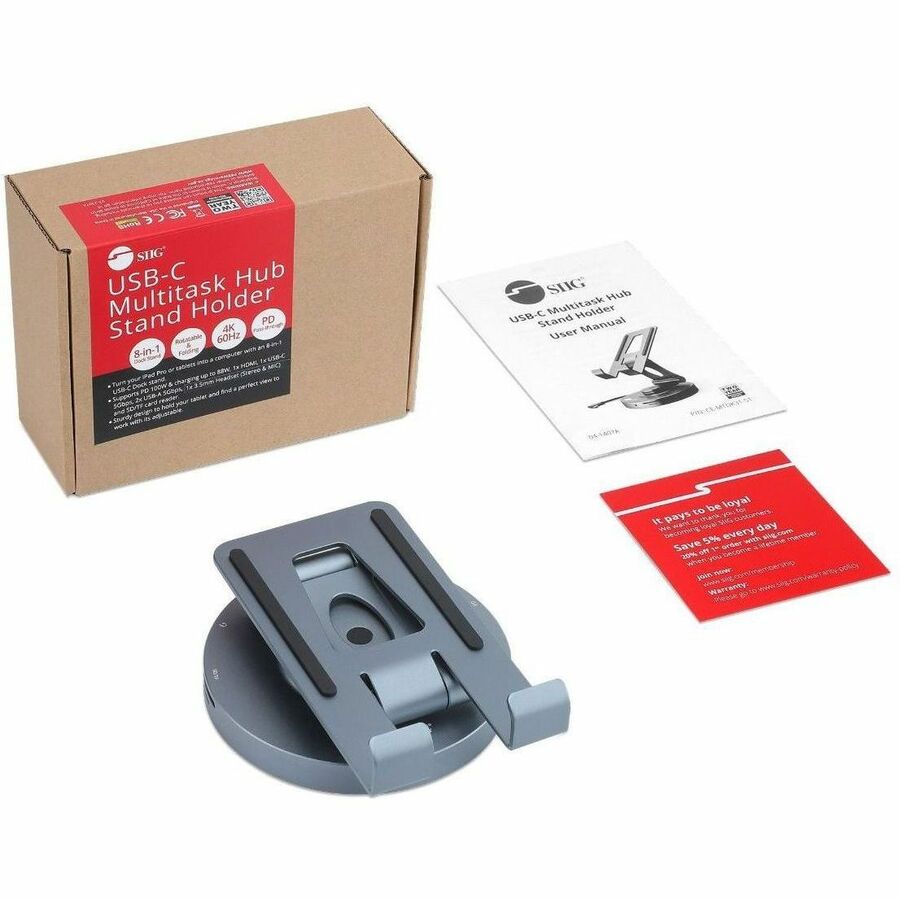SIIG USB-C Multitask Hub Stand Holder - Tablets/Phones Stand - HDMI 4K60Hz - PD 100W - 2xUSB-A/USB-C 5Gbps - SD/Micro SD- 3.5mm Headset CE-MTDK31-S1