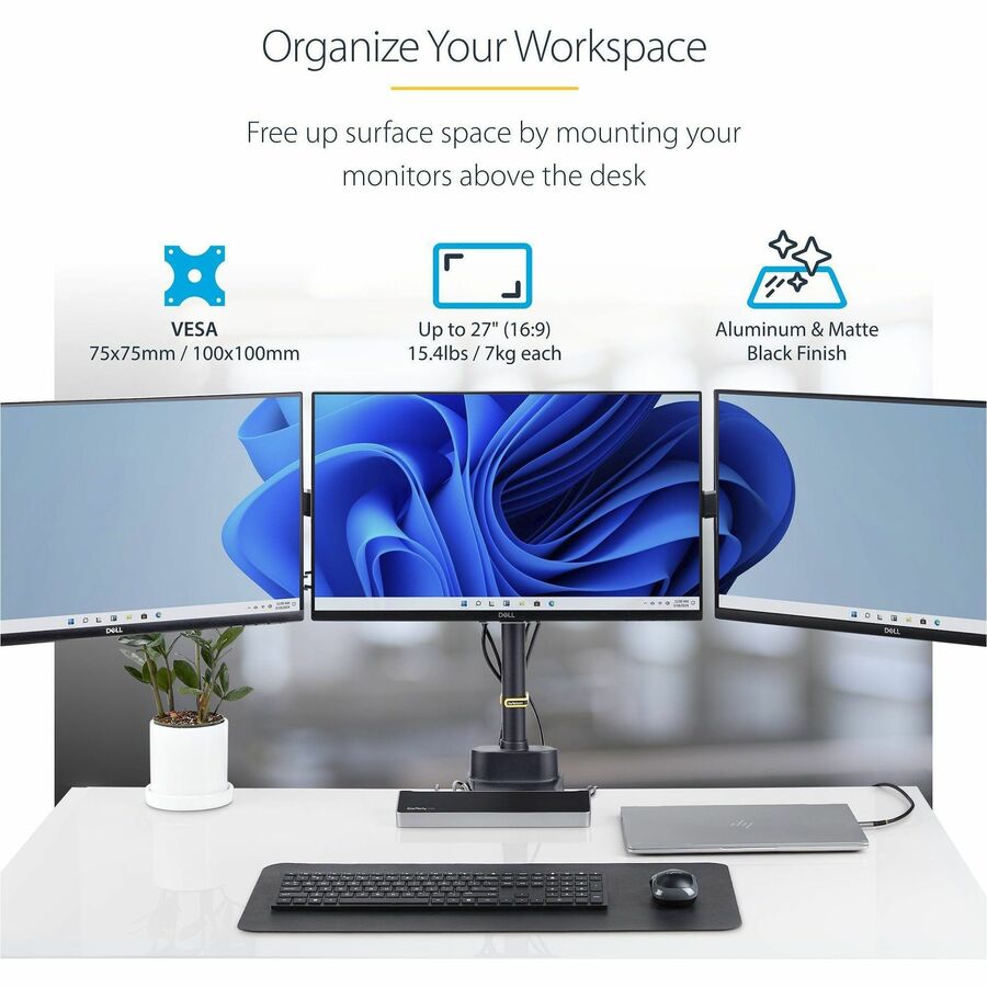 StarTech.com Triple Monitor Desk Mount For Up To Three 27in Screens, VESA 75x75/100x100, Tool-Less Arm Adjustments, C-Clamp/Grommet 3MP2AG-MONITOR-ARM