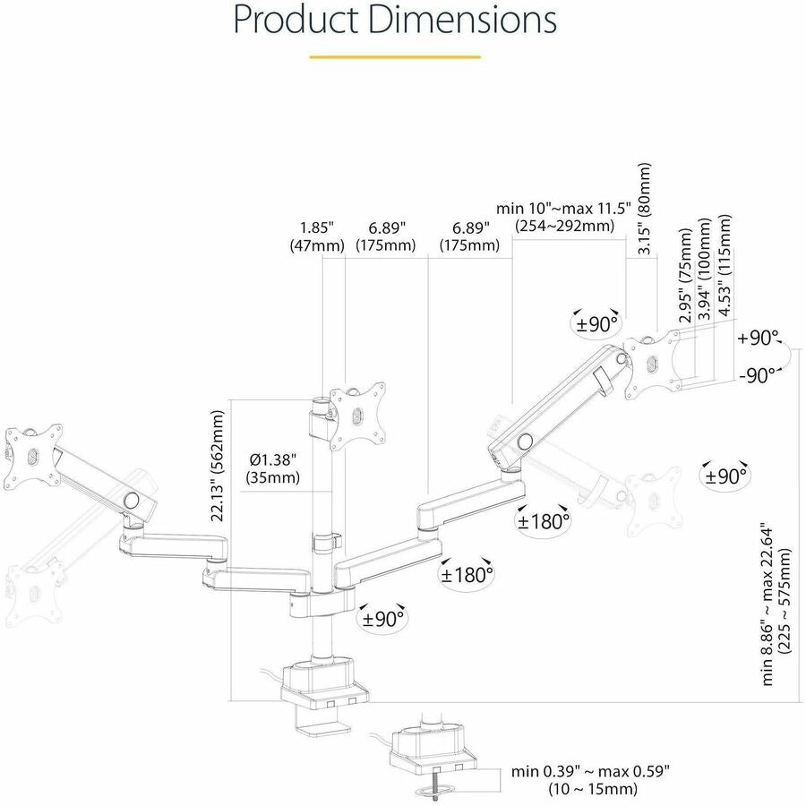 StarTech.com Triple Monitor Desk Mount For Up To Three 27in Screens, VESA 75x75/100x100, Tool-Less Arm Adjustments, C-Clamp/Grommet 3MP2AG-MONITOR-ARM