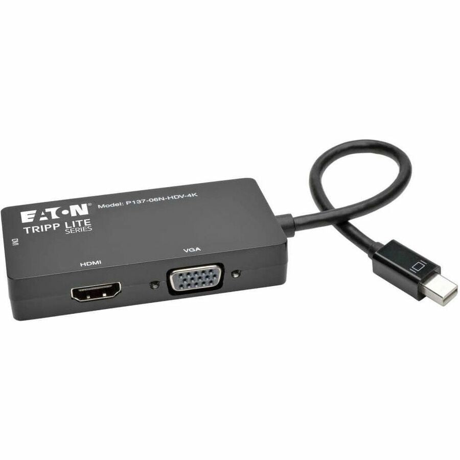 Eaton Tripp Lite Series Keyspan Mini DisplayPort to VGA/DVI/HDMI All-in-One Video Converter Adapter, 4K 30Hz HDMI, DP1.2, Black, 6-in. (15.24 cm) P137-06N-HDV-4K