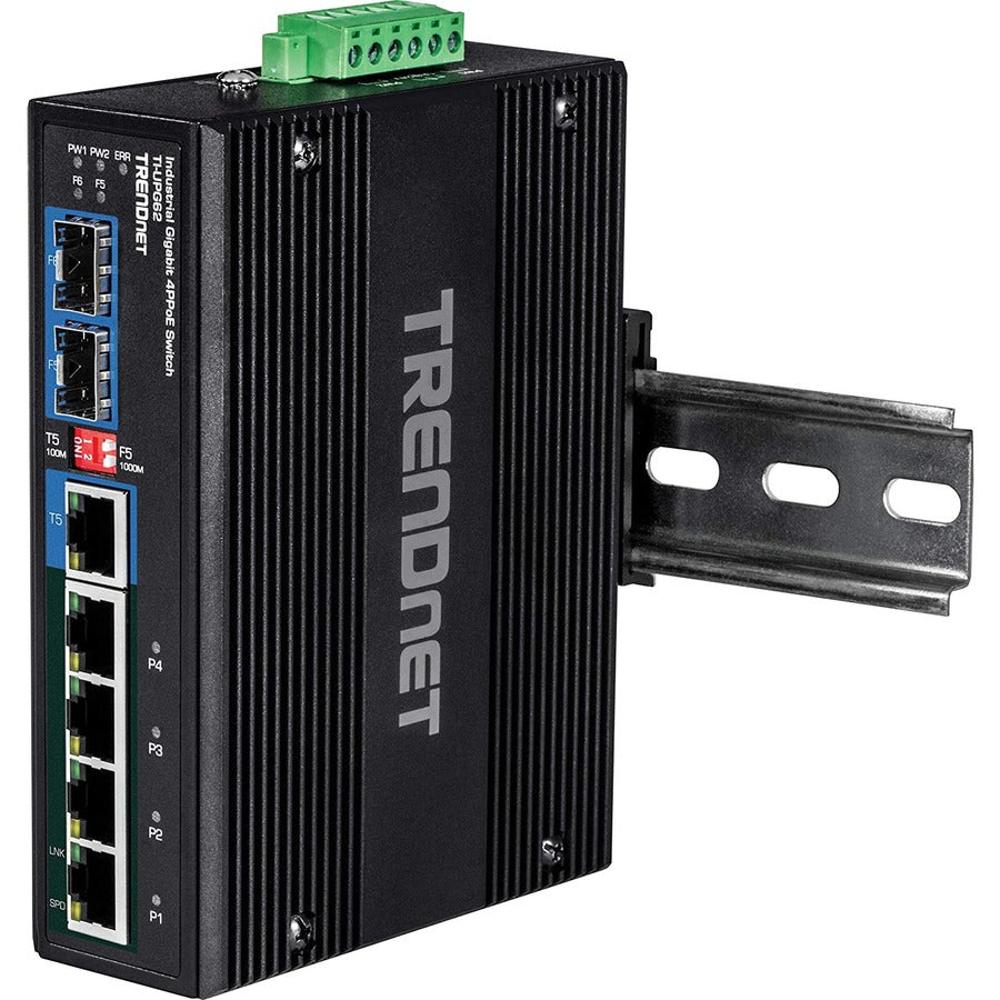 TRENDnet 6-Port Hardened Industrial Gigabit 10/100/1000 Mbps Ultra PoE DIN-Rail Switch; UPoE; IP30; DIN-Rail & Wall Mounts Included; Lifetime Protection; TI-UPG62 TI-UPG62