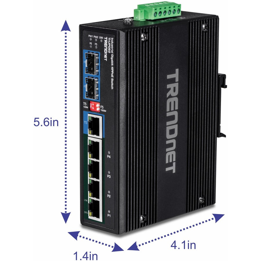 TRENDnet 6-Port Hardened Industrial Gigabit 10/100/1000 Mbps Ultra PoE DIN-Rail Switch; UPoE; IP30; DIN-Rail & Wall Mounts Included; Lifetime Protection; TI-UPG62 TI-UPG62