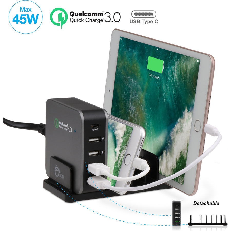 SIIG 5-Port Smart USB Charger plus Organizer Bundle with QC3.0 & USB-C - Black AC-PW1714-S1