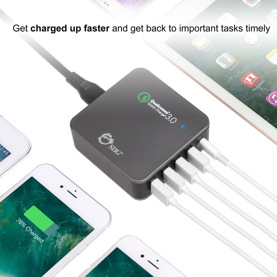 SIIG 5-Port Smart USB Charger plus Organizer Bundle with QC3.0 & USB-C - Black AC-PW1714-S1