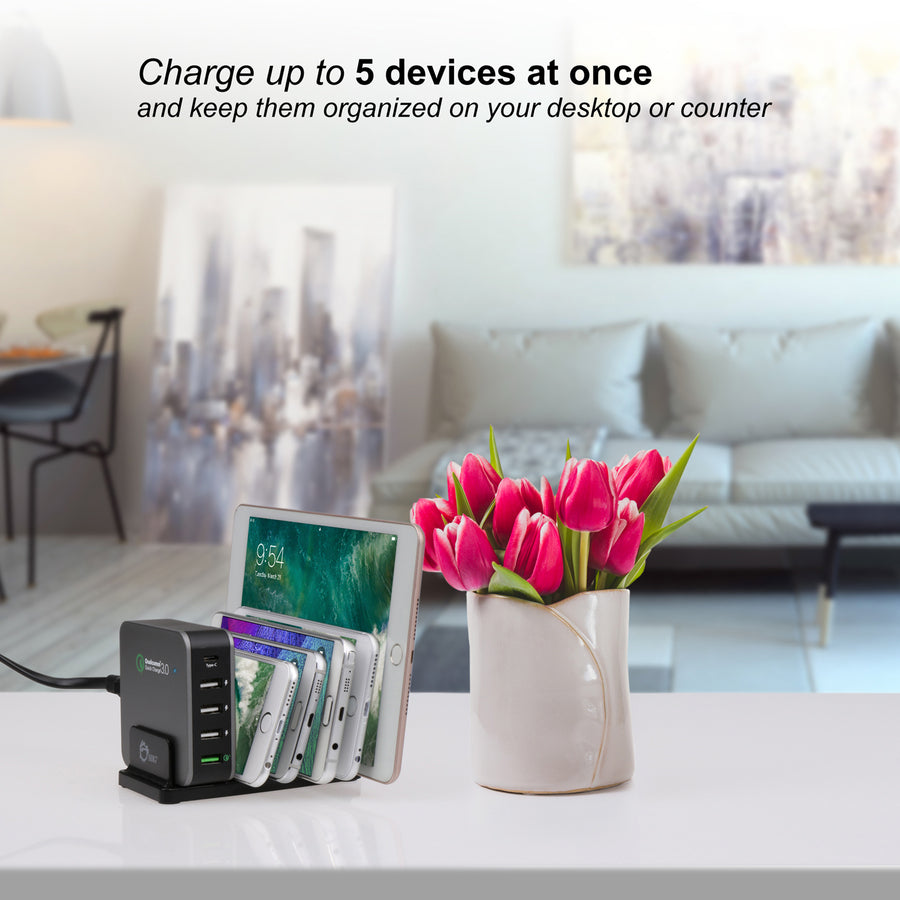 SIIG 5-Port Smart USB Charger plus Organizer Bundle with QC3.0 & USB-C - Black AC-PW1714-S1
