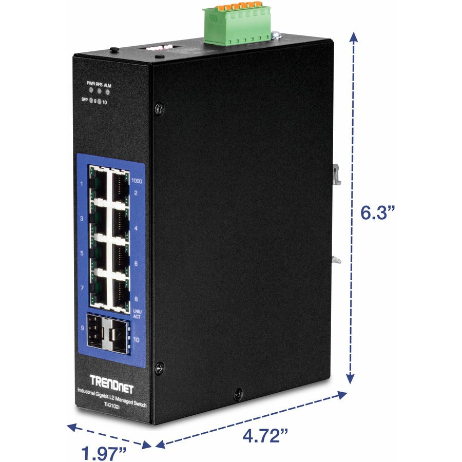 TRENDnet 10-Port Industrial Gigabit L2 Managed DIN-Rail Switch; 8 X Gigabit; 2 X SFP Slots; DIN-Rail Mount; IP30; Vlan; Qos; Lacp; Stp/Rstp; Bandwidth Management; Lifetime Protection; TI-G102i TI-G102I