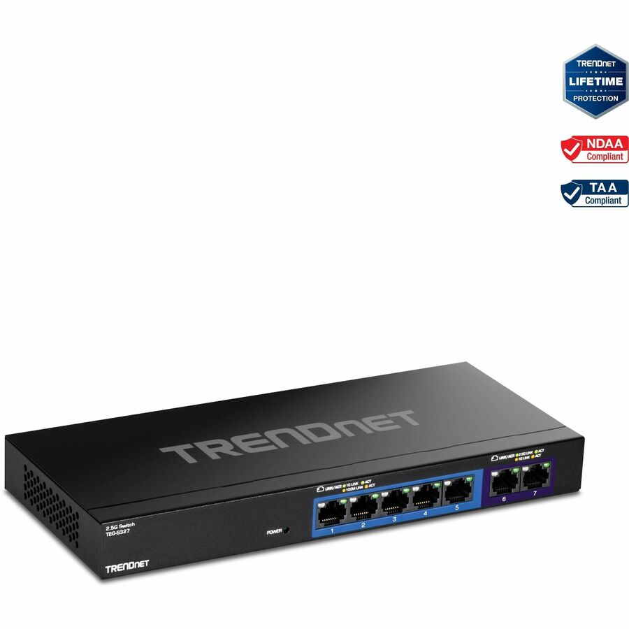 TRENDnet 7-Port Multi-Gig Gaming Switch, TEG-S327, 5 x 1G RJ-45 Base-T Ports, 2 x 2.5G RJ-45 Ports, 20Gbps Switching Capacity, Wall Mountable, Plug & Play, Lifetime Protection, Black TEG-S327
