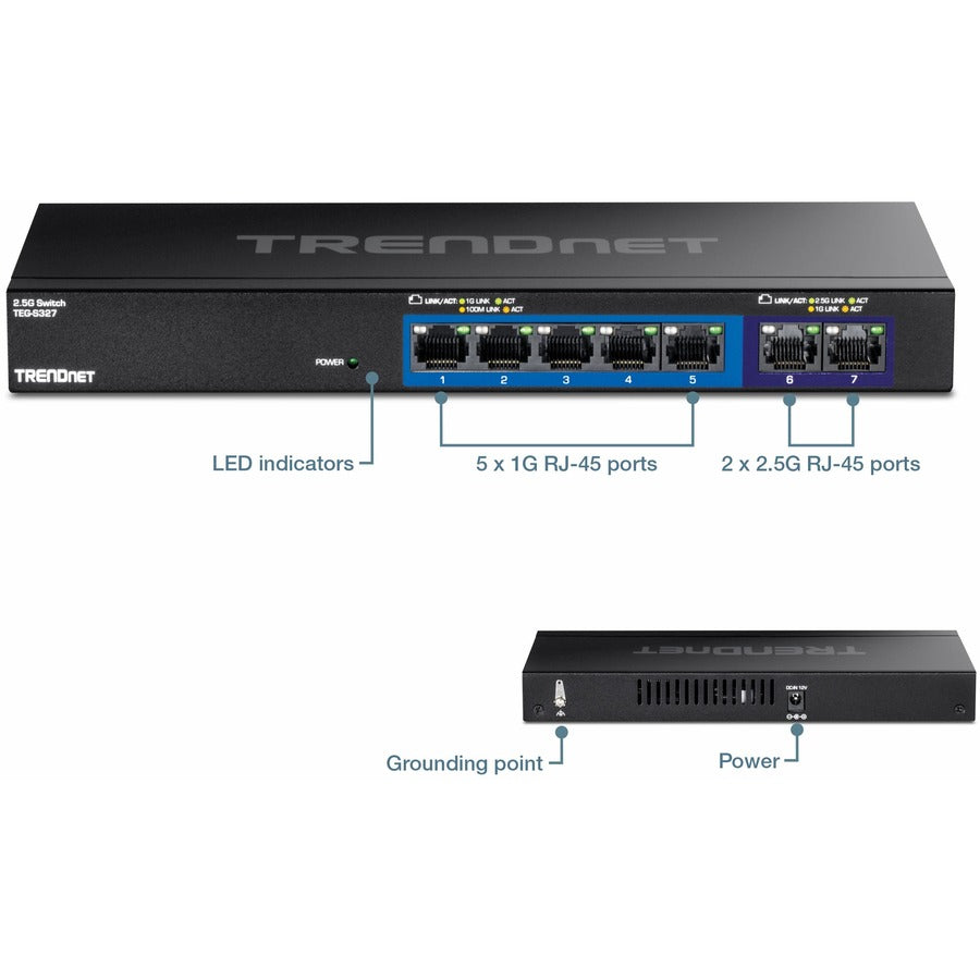 TRENDnet 7-Port Multi-Gig Gaming Switch, TEG-S327, 5 x 1G RJ-45 Base-T Ports, 2 x 2.5G RJ-45 Ports, 20Gbps Switching Capacity, Wall Mountable, Plug & Play, Lifetime Protection, Black TEG-S327