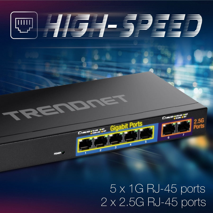 TRENDnet 7-Port Multi-Gig Gaming Switch, TEG-S327, 5 x 1G RJ-45 Base-T Ports, 2 x 2.5G RJ-45 Ports, 20Gbps Switching Capacity, Wall Mountable, Plug & Play, Lifetime Protection, Black TEG-S327