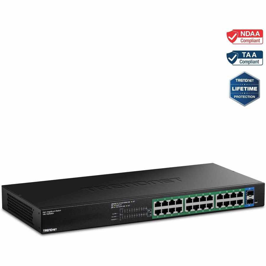 TRENDnet 26-Port Gigabit EdgeSmart PoE+ Switch, TPE TG262ES, 380W PoE Power Budget, 24 x Gigabit PoE+ Ports, 2 x Gigabit SFP Ports, Managed Network Ethernet Switch, Lifetime Protection, Black TPE-TG262ES