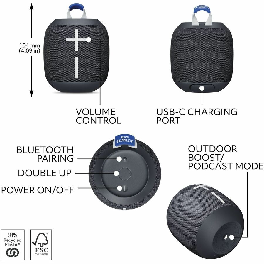 Ultimate Ears WONDERBOOM 4 Portable Waterproof Bluetooth Speaker With Big Bass and 360-Degree Sound, Dustproof Floating Speaker With 131ft (40m) Range, Black 984-001876