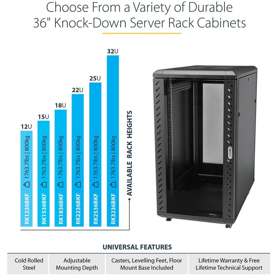 StarTech.com 4-Post 25U Server Rack Cabinet, 19" Data Rack Cabinet for Computer / IT Equipment, Home Network Rack, Half Height Server Rack RK2536BKF