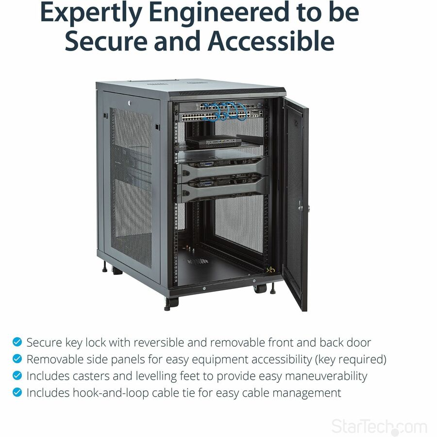 StarTech.com 18U 19" Server Rack Cabinet 4 Post Adjustable Depth 2-30" w/Casters/Cable Management/1U Shelf, Locking Doors and Side Panels RK1833BKM