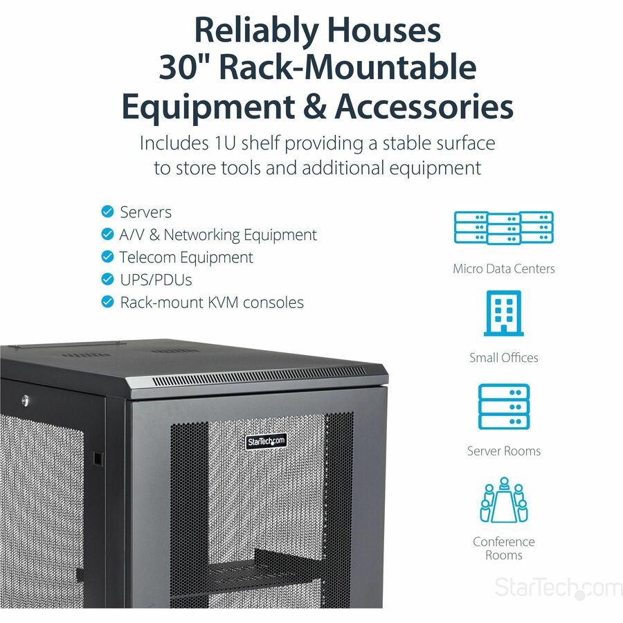 StarTech.com 18U 19" Server Rack Cabinet 4 Post Adjustable Depth 2-30" w/Casters/Cable Management/1U Shelf, Locking Doors and Side Panels RK1833BKM