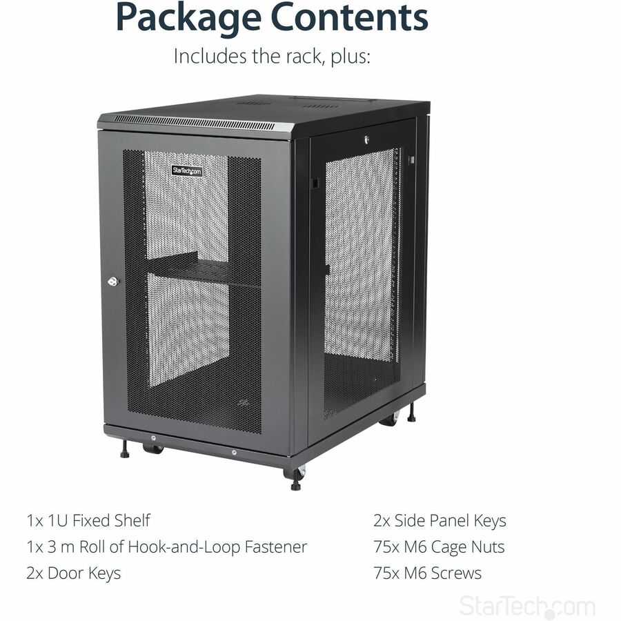 StarTech.com 18U 19" Server Rack Cabinet 4 Post Adjustable Depth 2-30" w/Casters/Cable Management/1U Shelf, Locking Doors and Side Panels RK1833BKM