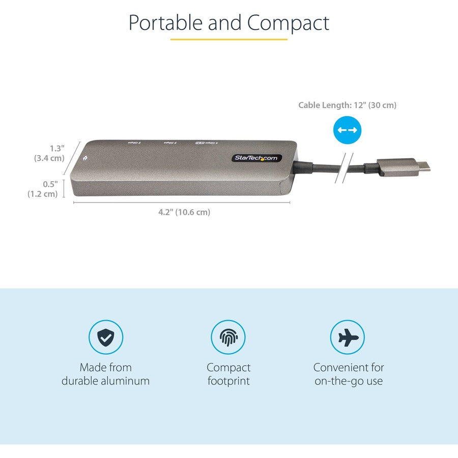 StarTech.com USB C Multiport Adapter, USB-C to HDMI 4K 60Hz (HDR10), 100W PD Pass-Through, 4xUSB 3.0, USB Type-C Mini Dock, 12" Long Cable DKT30CHPD3