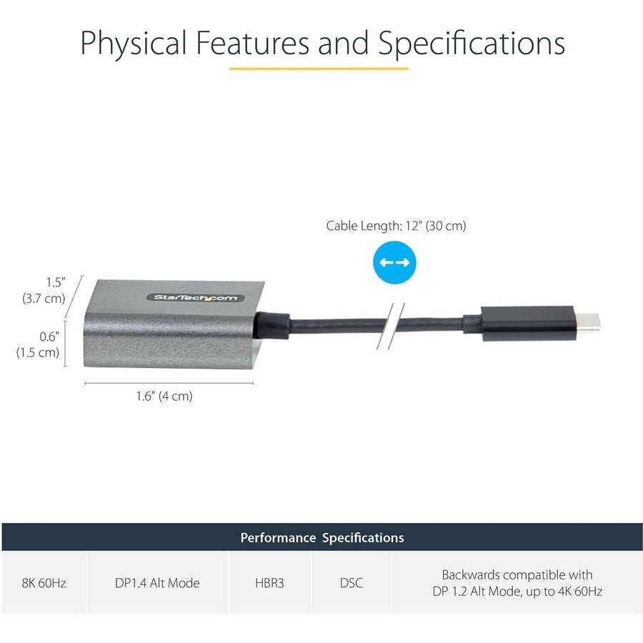 USB C to DisplayPort Adapter, 8K/4K 60Hz USB-C to DisplayPort 1.4 Adapter, DSC, USB Type-C to DP Video Converter, w/12" Cable CDP2DPEC