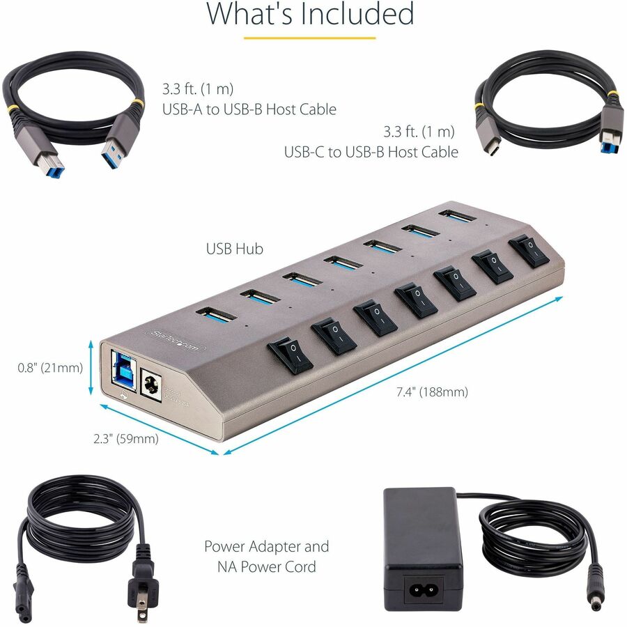 StarTech.com 7-Port Self-Powered USB-C Hub with Individual On/Off Switch, Desktop/Laptop USB-C to USB-A Hub, USB Type C Hub w/Power Supply 5G7AIBS-USB-HUB-NA