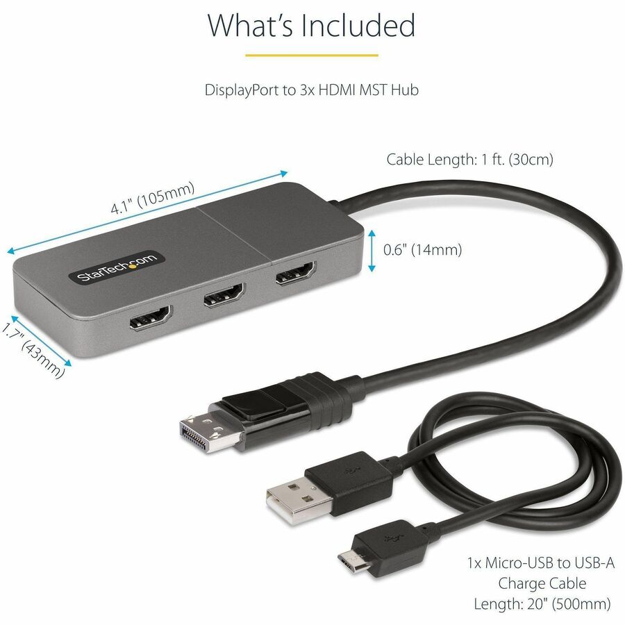 StarTech.com 3-Port MST Hub, DisplayPort to Triple 4K 60Hz HDMI, DP 1.4 Multi-Monitor Adapter, Windows Only MST14DP123HD
