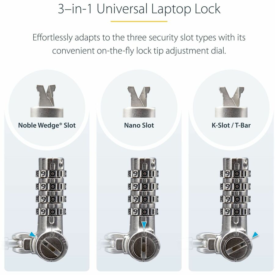 StarTech.com Universal Laptop Lock 6.6ft, Security Cable For Notebook Compatible w/Noble Wedge&reg;/Nano/K-Slot; Keyless Combo. Locking Cable UNIVC4D-LAPTOP-LOCK