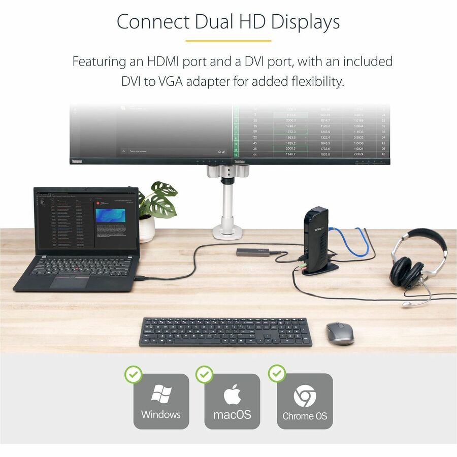 StarTech.com USB 3.0 Docking Station - Compatible with Windows / macOS - Supports Dual Displays - HDMI and DVI - DVI to VGA Adapter Included - USB3SDOCKHD USB3SDOCKHD