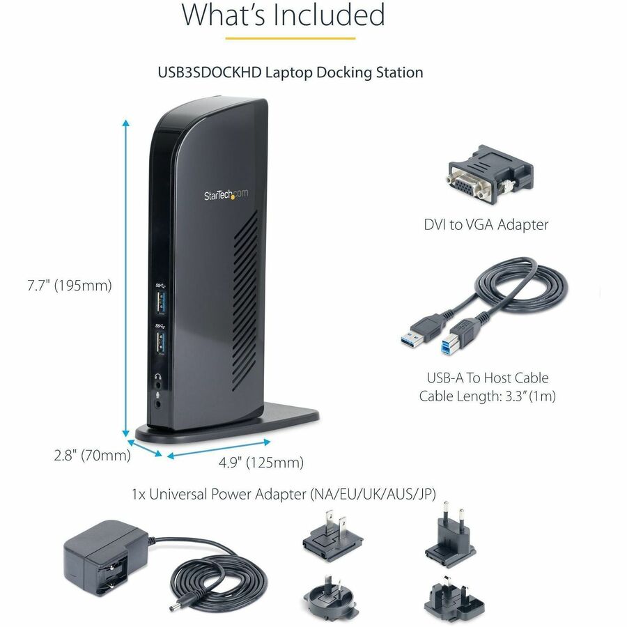 StarTech.com USB 3.0 Docking Station - Compatible with Windows / macOS - Supports Dual Displays - HDMI and DVI - DVI to VGA Adapter Included - USB3SDOCKHD USB3SDOCKHD