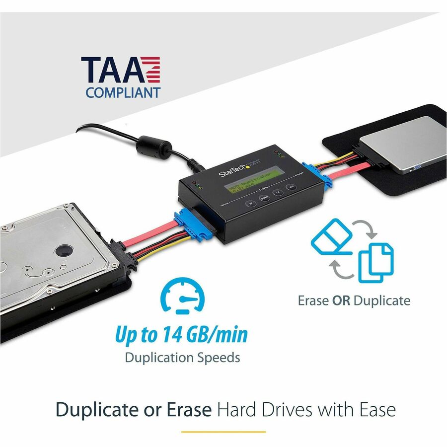 StarTech.com 1:1 Standalone Hard Drive Duplicator & Eraser, SATA HDD / SSD Disk Cloner / Copier / Wiper / Sanitizer, TAA Compliant SATDUP11