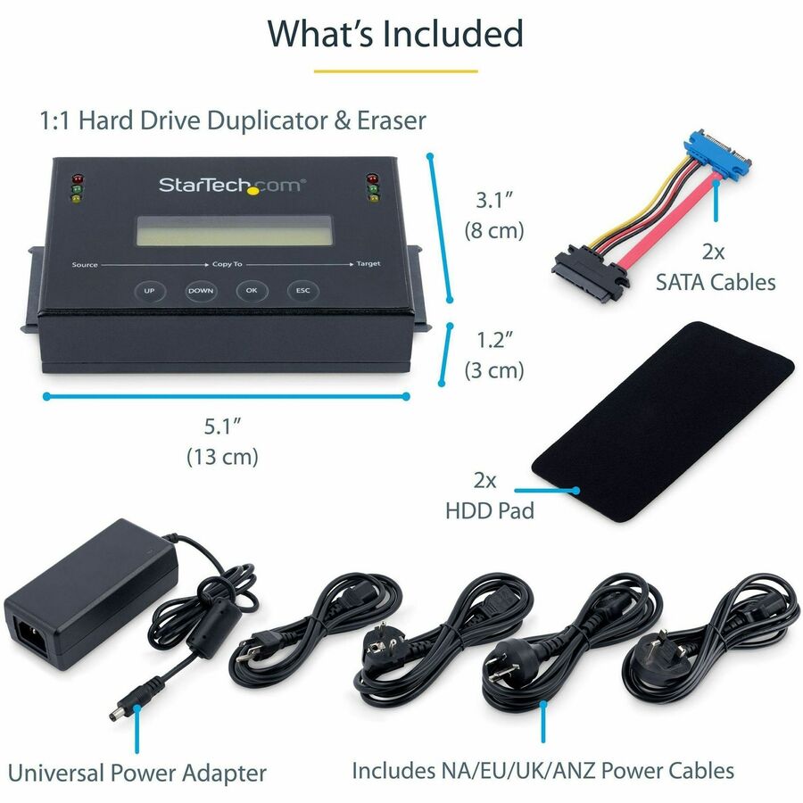 StarTech.com 1:1 Standalone Hard Drive Duplicator & Eraser, SATA HDD / SSD Disk Cloner / Copier / Wiper / Sanitizer, TAA Compliant SATDUP11