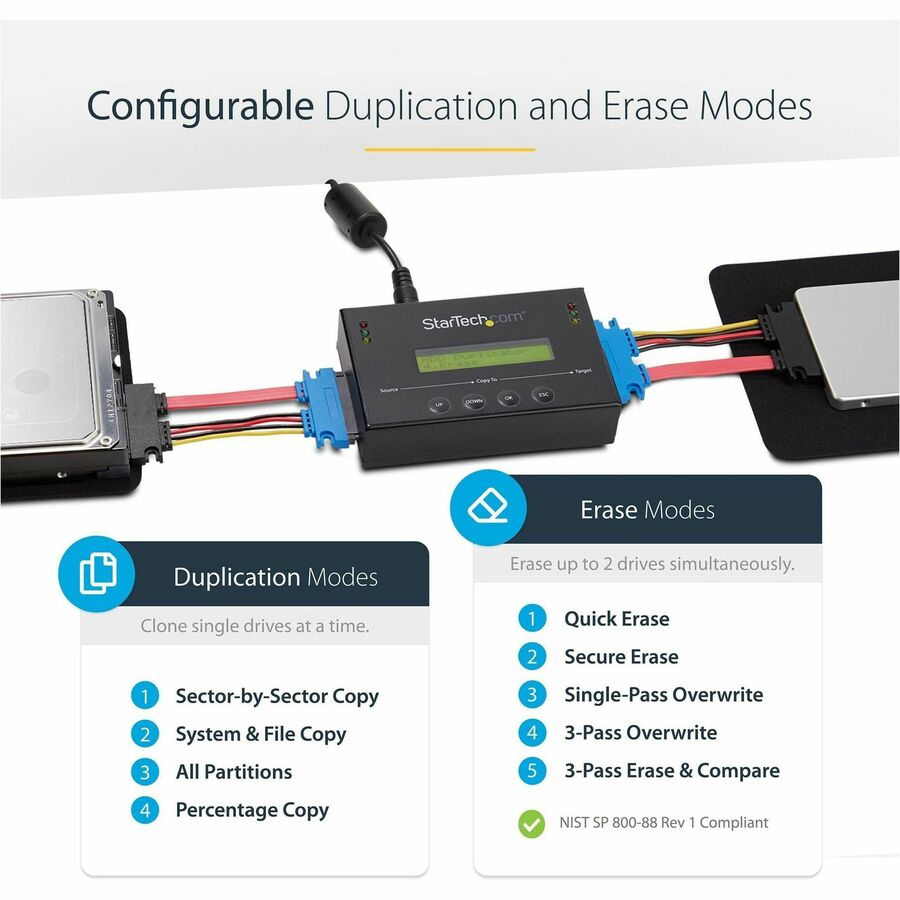 StarTech.com 1:1 Standalone Hard Drive Duplicator & Eraser, SATA HDD / SSD Disk Cloner / Copier / Wiper / Sanitizer, TAA Compliant SATDUP11