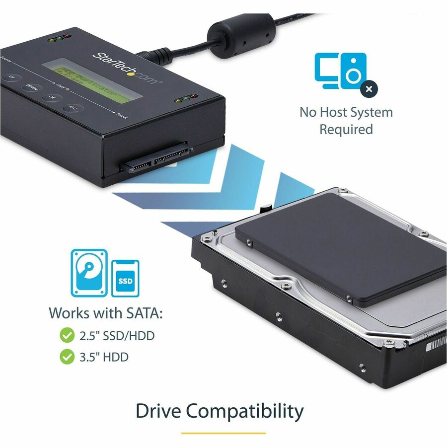 StarTech.com 1:1 Standalone Hard Drive Duplicator & Eraser, SATA HDD / SSD Disk Cloner / Copier / Wiper / Sanitizer, TAA Compliant SATDUP11