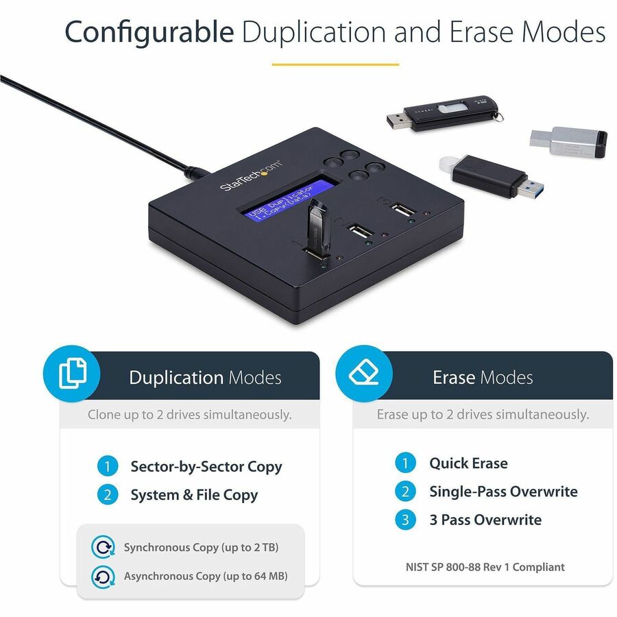 StarTech.com Standalone 1 to 2 USB Thumb Drive Duplicator/Eraser, Multiple USB Flash Drive Copier/Cloner, Sector-by-Sector Copy, Sanitizer USBDUP12