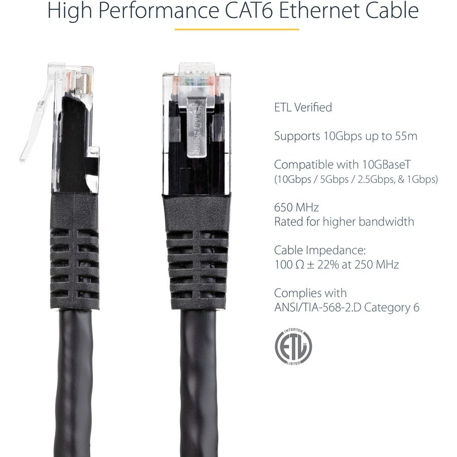 StarTech.com 100ft CAT6 Ethernet Cable - Black Molded Gigabit - 100W PoE UTP 650MHz - Category 6 Patch Cord UL Certified Wiring/TIA C6PATCH100BK