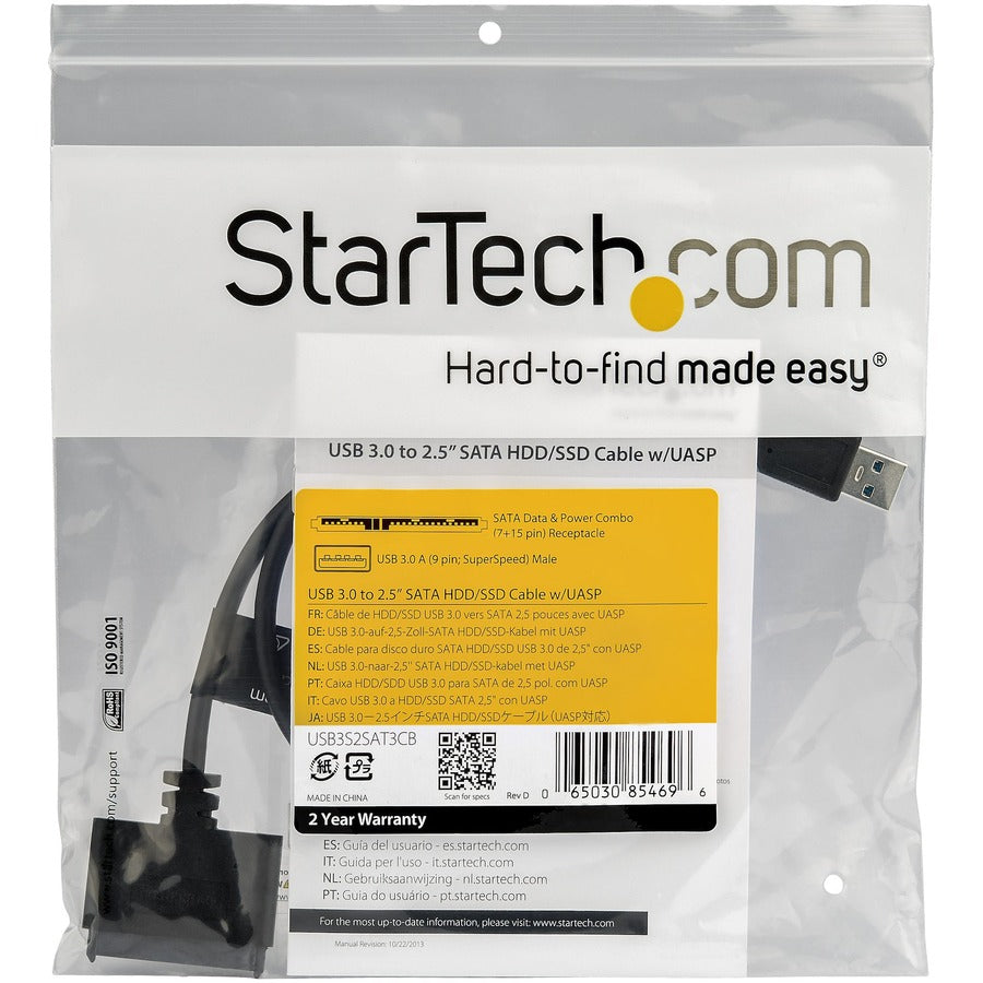 StarTech.com USB 3.0 to 2.5" SATA III Hard Drive Adapter Cable w/ UASP - SATA to USB 3.0 Converter for SSD / HDD USB3S2SAT3CB