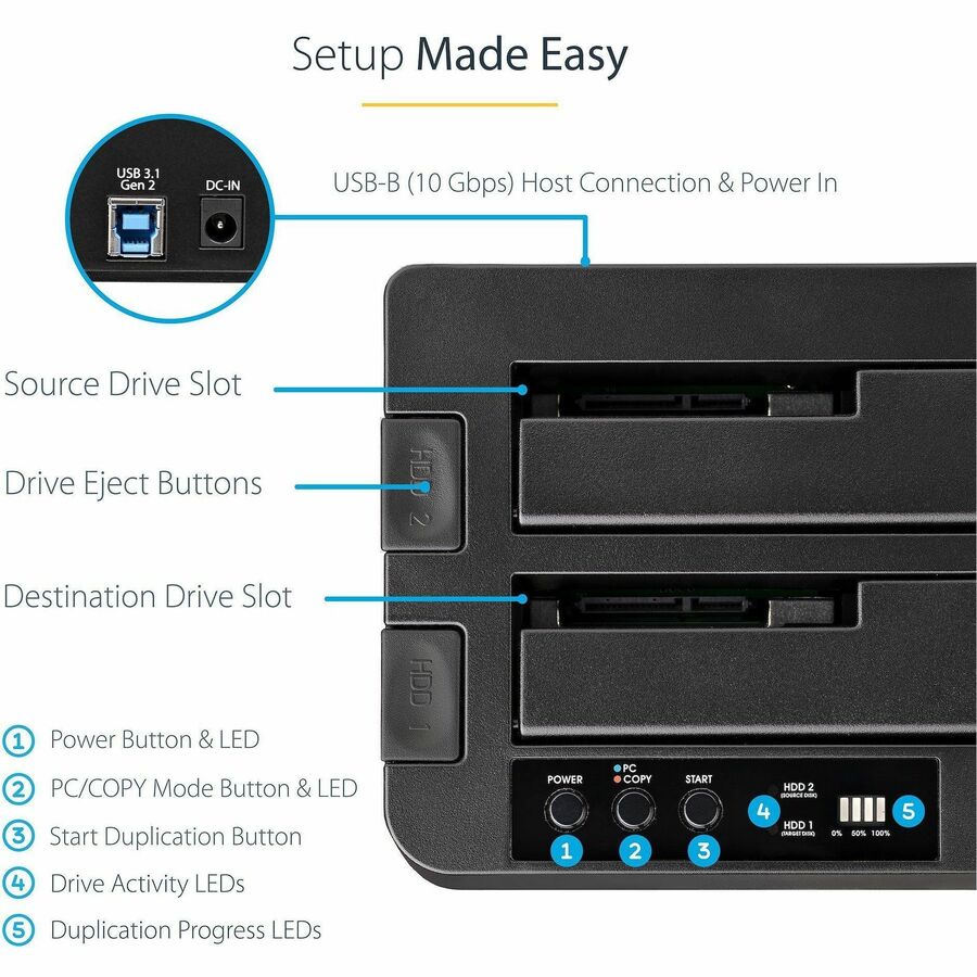 StarTech.com Standalone Hard Drive Duplicator, External Dual Bay HDD/SSD Cloner/Copier, USB 3.1 to SATA Drive Docking Station, Disk Cloner SDOCK2U313R