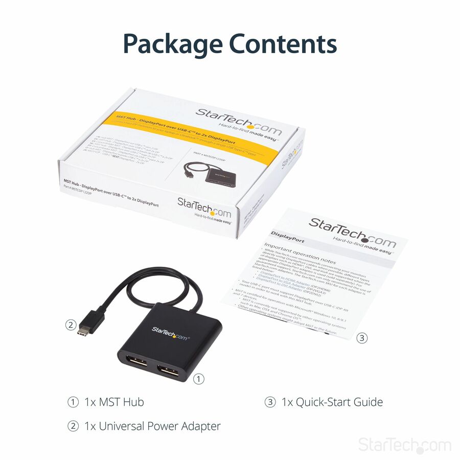 StarTech.com USB-C to Dual DisplayPort 1.2 Adapter, USB Type-C Multi-Monitor MST Hub, Dual 4K 30Hz DP Display Extender/Splitter, Windows MSTCDP122DP