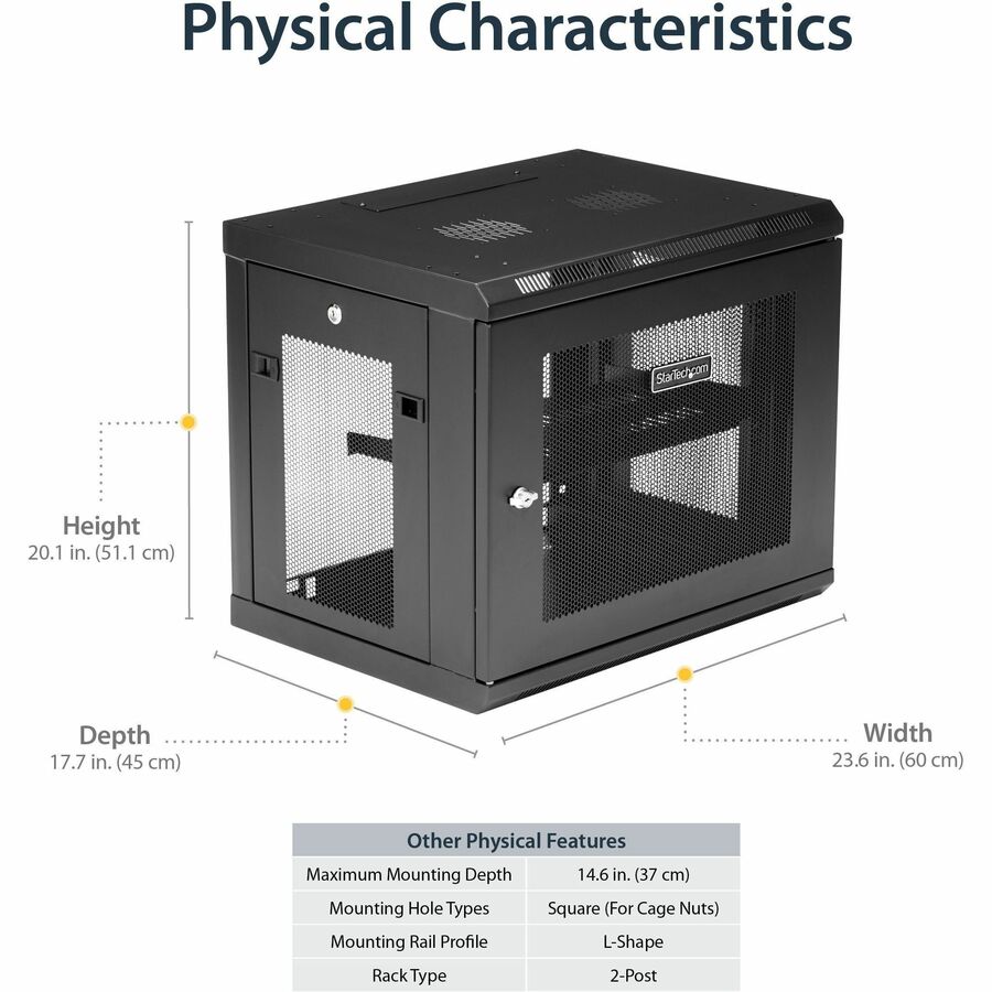 StarTech.com 2-Post 9U Wall Mount Network Cabinet, 19" Wall-Mounted Server Rack for Data / IT Equipment, Small Lockable Rack Enclosure RK9WALM
