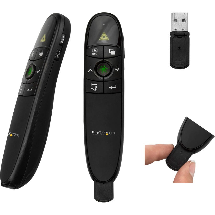 StarTech.com Wireless Presentation Remote with Green Laser Pointer - 90 ft. (27 m) - USB Presentation Clicker for Mac and Windows - Batteries Included - Wireless Slideshow and Volume Controls PRESREMOTEG