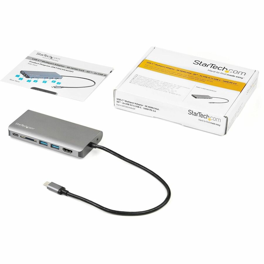 StarTech.com USB C Multiport Adapter - USB-C Mini Travel Dock w/ 4K HDMI or 1080p VGA - 100W PD Pass-Through, 3x USB, SD, GbE, Audio DKT30CHVAUSP