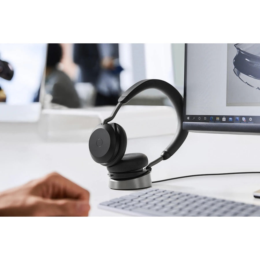 Jabra Evolve2 75 Wireless On-ear Stereo Headset - USB-C - For MS Teams - With Charging Stand - Black - Binaural - Ear-cup - 3000 cm - Bluetooth - 20 Hz to 20 kHz - MEMS Technology Microphone - Noise Cancelling 27599-999-889