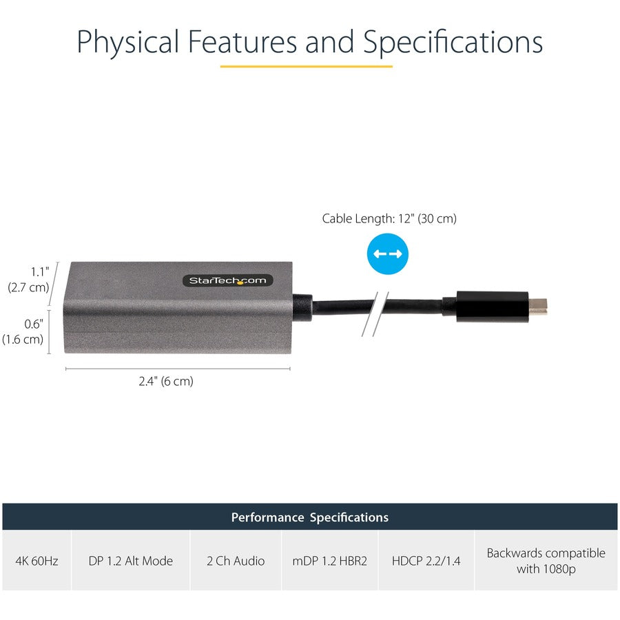 StarTech.com USB C to Mini DisplayPort Adapter, 4K 60Hz USB-C to mDP Adapter Dongle, USB Type-C to Mini DP Video Converter, w/ 12" Cable CDP2MDPEC