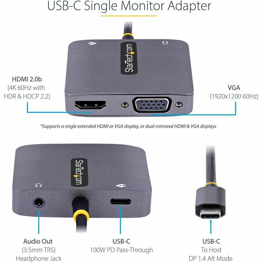 StarTech.com USB C Video Adapter, USB C to HDMI VGA Multiport Adapter, 3.5mm Audio, 4K 60Hz HDR, 100W PD 3.0 PT, USB C Display Adapter 122-USBC-HDMI-4K-VGA