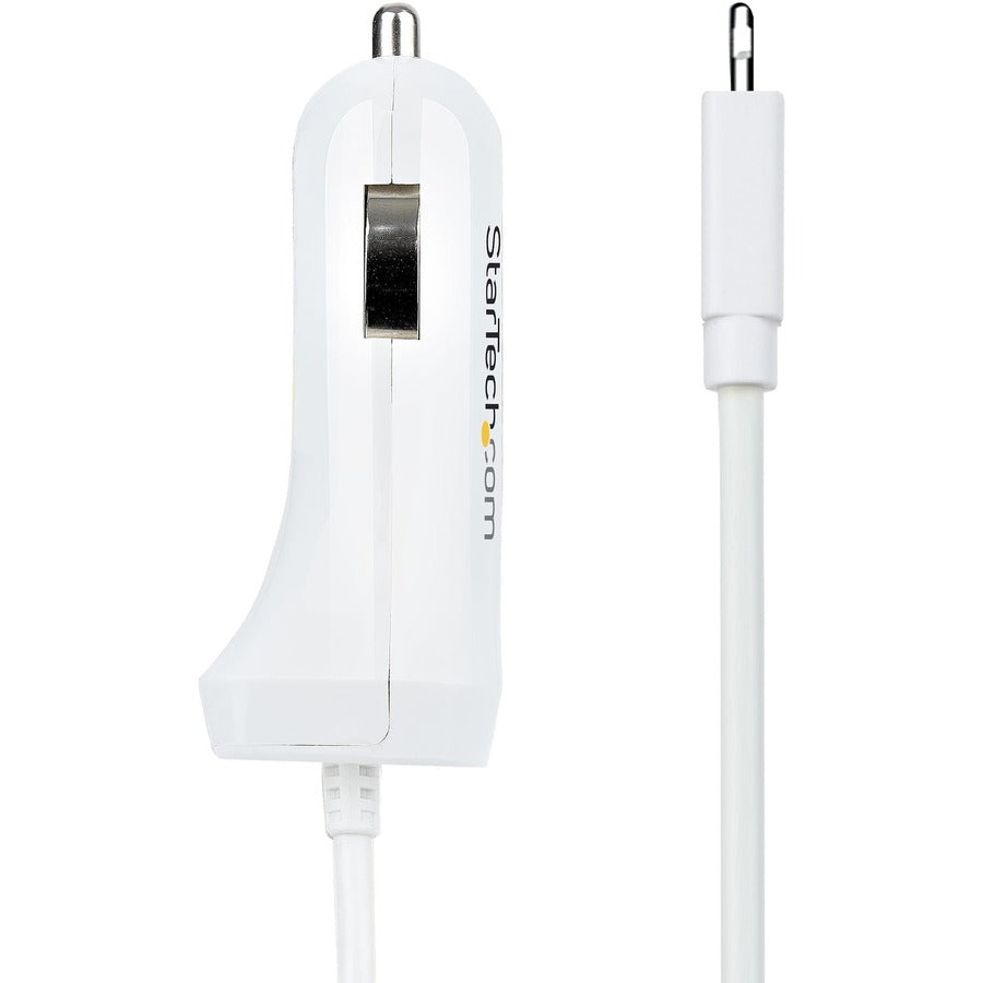 StarTech.com Lightning Car Charger with Coiled Cable, 1m Built-in Cable, 12W, White, 2 Port USB Car Charger Adapter, In Car iPhone Charger USBLT2PCARW2