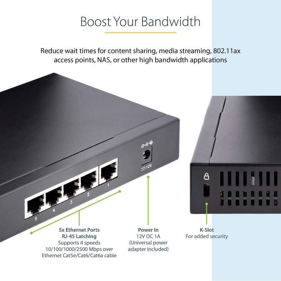 StarTech.com Unmanaged 2.5G Switch, 5 Port 2.5GBASE-T Unmanaged Ethernet Switch, Din Rail | Wall Mount, Multi-Gigabit, Auto-MDIX, 9K Jumbo DS52000